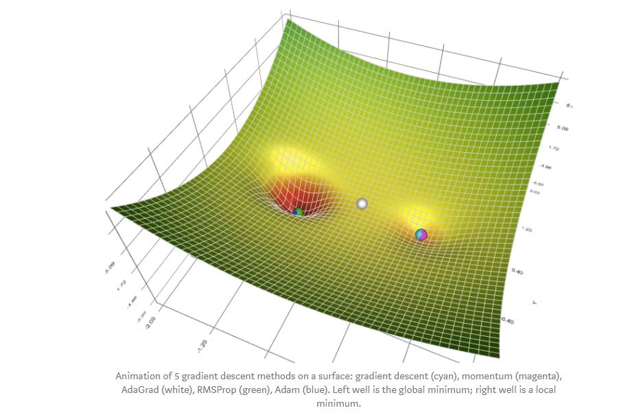 Animation of 5 gradient descent methods on a surface: gradient descent (cyan), momentum (magenta), AdaGrad (white), RMSProp (green), Adam (blue). Left well is the global minimum; right well is a local minimum. Cattura 2 1